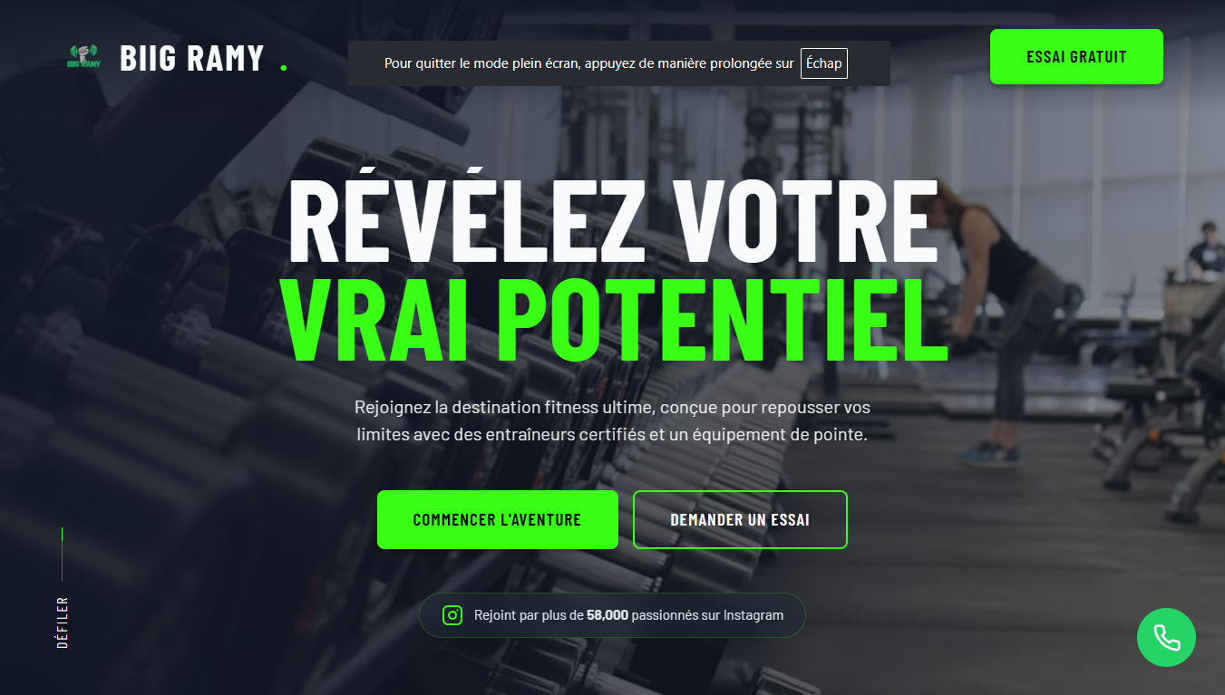 Site web de la salle de sport Biigramy, design réalisé par Infoway-AI